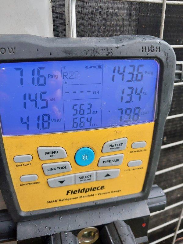 Responded to no cooling complaint on 8-year-old Bryant system. Upon arrival, connected refrigerant manifold gauges to measure system pressures and temperatures. Diagnostic readings showed suction pressure of 7.06 PSIG and discharge pressure of 143.8 PSIG, with superheat at 14.5°F and subcooling at 13.4°F, indicating low refrigerant charge. System was undercharged, preventing proper cooling capacity and causing compressor to run continuously without achieving desired temperature setpoint. Identified refrigerant loss as root cause of no cooling condition and advised customer of findings for necessary repairs.