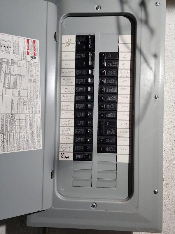 Responded to failed inspection for HVAC installation warranty work. Addressed code violations by installing weatherproof connector from meter to disconnect and sealing all wall penetrations with approved materials per inspector requirements. Corrected electrical installation by removing high-voltage wiring from existing junction box and running new service entrance cable directly to main panel, installing appropriate double-pole breaker rated for 40-amp maximum AC unit load. Documented panel configuration showing available breaker space and completed installation with required photographs for follow-up inspection submission.