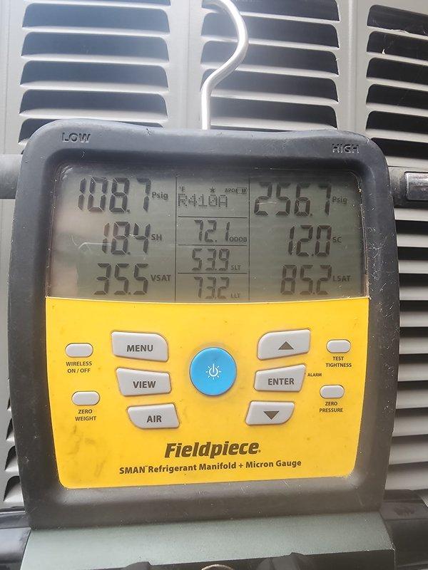 Completed scheduled cooling system maintenance tune-up on operational HVAC unit. Performed comprehensive system diagnostics using refrigerant manifold gauge, recording superheat at 184°F, subcooling at 12.0°F, and verifying proper refrigerant pressures with suction at 108.7 psig and liquid line at 256 psig. Inspected outdoor condenser unit, confirmed fan operation, and verified system performance within normal operating parameters.
