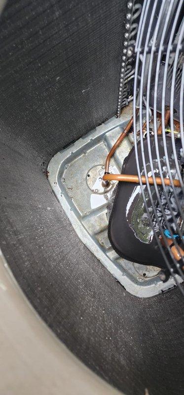 Completed routine maintenance and tune-up on 3-year-old residential air conditioning system. Performed comprehensive inspection of outdoor condenser unit, including examination of condenser coils which showed accumulation of dirt, debris, and organic growth requiring attention. Inspected refrigerant line connections at evaporator coil assembly, verified proper mounting hardware and bracket integrity, and checked fan operation and protective grille condition to ensure optimal system performance for the cooling season.