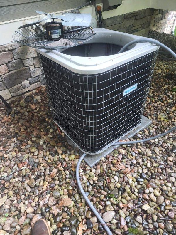 Completed routine preventative maintenance inspection on residential air conditioning system under Worry Free Service maintenance plan with no customer-reported issues. Performed comprehensive tune-up including visual inspection of outdoor condenser unit, verified proper operation of fan motor and blades, and documented equipment condition through photographic records. All system components found operating within normal parameters with no deficiencies noted requiring immediate attention.