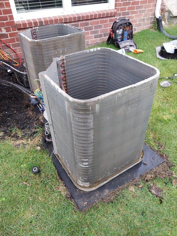 Completed routine preventive maintenance on dual outdoor condensing units as part of recurring cooling season service agreement. Performed comprehensive inspection of both systems including motor assemblies, condenser coils, refrigerant lines, electrical connections, and heat exchanger components; all equipment found operating within normal parameters with minor dust and debris accumulation typical of outdoor installations.