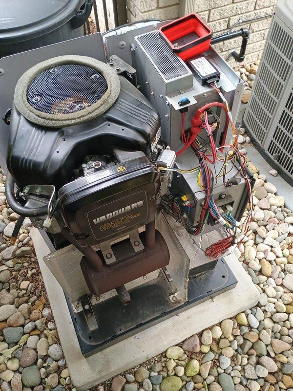Completed routine preventive maintenance on residential Vanguard standby generator unit. Inspected and replaced worn coaxial cable connectors showing signs of corrosion and degraded internal wiring components. Verified all electrical connections, tested control panel functionality, and confirmed proper engine operation. Cleaned air filter assembly and inspected surrounding HVAC equipment integration. System tested successfully and returned to operational status.
