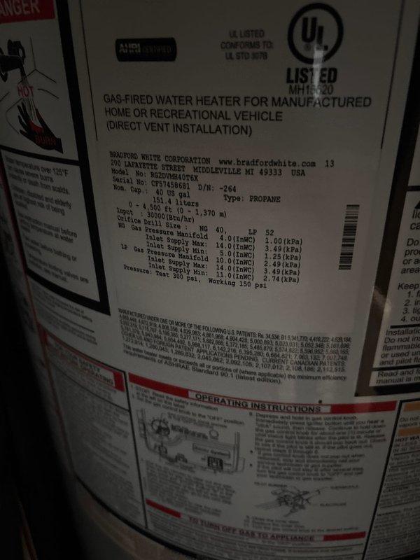 Completed installation of a 40-gallon Bradford White gas-fired water heater (Model M240X6FMRX) in residential utility closet. Connected all water supply lines, gas piping, and venting systems per manufacturer specifications and local code requirements, with unit now fully operational and ready for use.