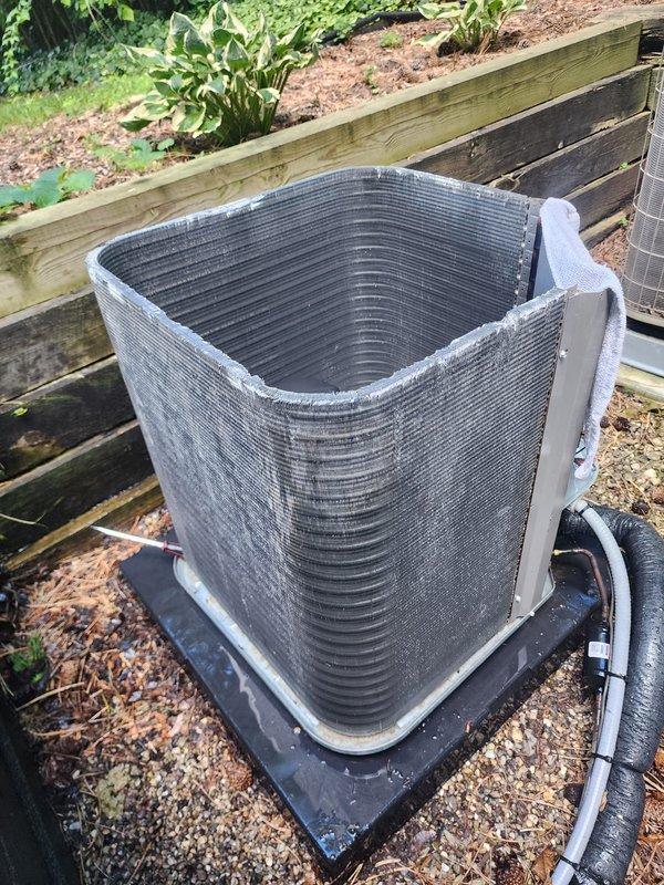 Completed preventive maintenance on residential air conditioning system under Worry Free Service Agreement. Set and programmed thermostat to customer's preferred schedule and comfort settings. Inspected outdoor condenser unit, confirmed proper operation of compressor and refrigerant lines, and verified all electrical connections are secure with no visible damage to components or coil fins.