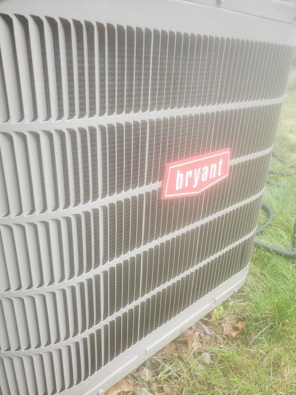 Completed preventative maintenance inspection on Bryant outdoor condensing unit as part of cooling season service agreement. Performed visual inspection of cabinet, condenser coil, and fan assembly; all components found in good operating condition with clean coil fins and properly functioning fan guard. Unit operational and ready for continued service.