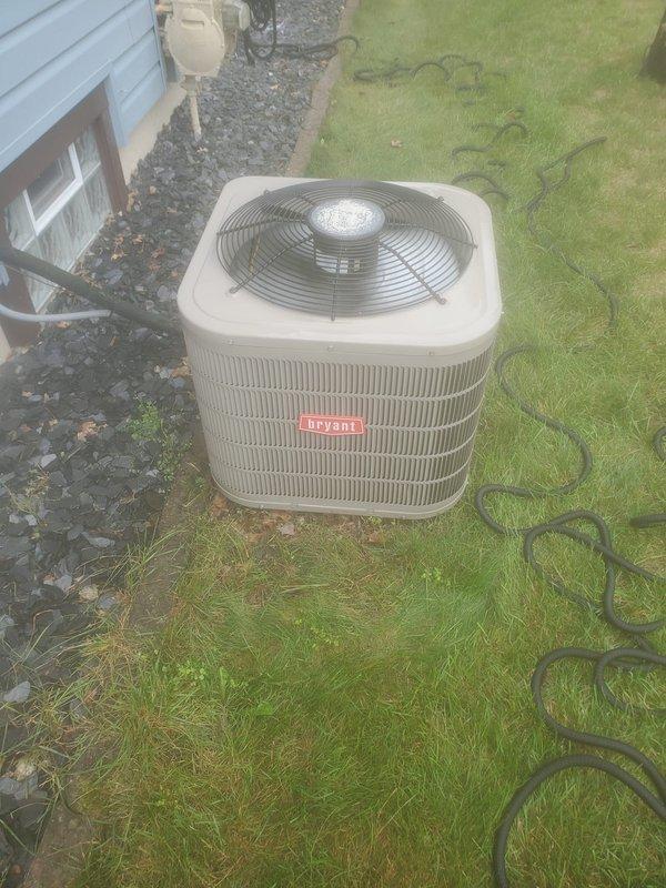 Completed preventative maintenance inspection on Bryant outdoor condensing unit as part of cooling season service agreement. Performed visual inspection of cabinet, condenser coil, and fan assembly; all components found in good operating condition with clean coil fins and properly functioning fan guard. Unit operational and ready for continued service.