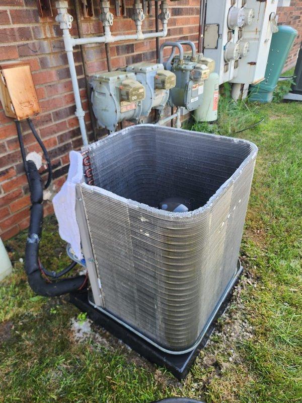 Completed preventative maintenance and tune-up on 3-year-old outdoor air conditioning condenser unit. Performed comprehensive system inspection, cleaned condenser coils, checked refrigerant lines and electrical connections, verified proper operation of all components. Unit operating within normal parameters with no issues identified.