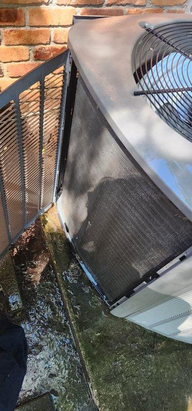 Completed seasonal cooling maintenance on residential outdoor condensing unit. Performed visual inspection of exterior cabinet, confirmed fan operation, and inspected internal components including evaporator coil, refrigerant lines, and electrical connections. Unit operating within normal parameters with no immediate service needs identified.