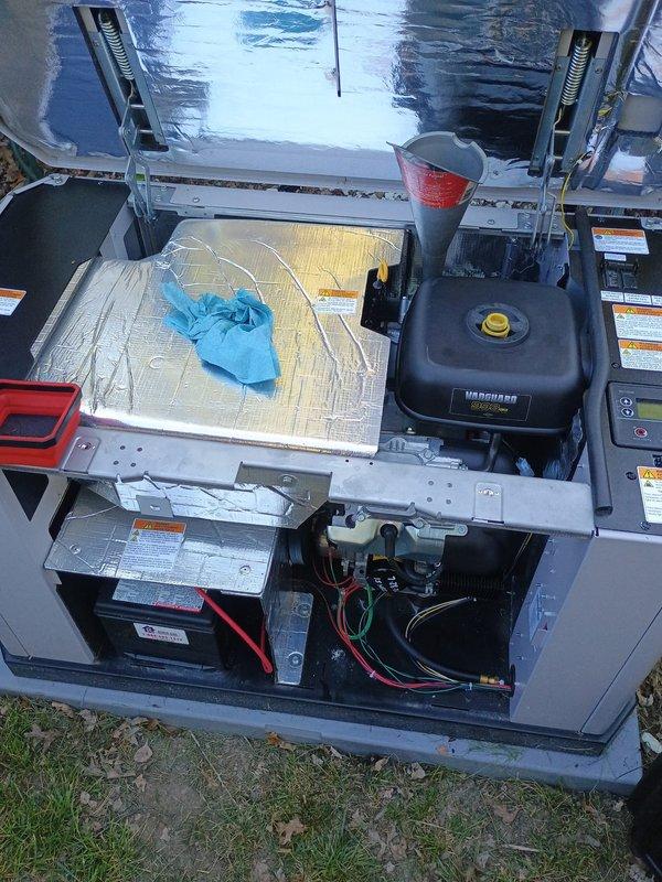 Completed scheduled preventive maintenance on residential standby generator equipped with Vanguard engine. Removed and inspected spark plugs, which showed normal wear patterns, cleaned electrode gaps, and reinstalled per manufacturer specifications. Performed comprehensive system check including battery connections, electrical wiring integrity, and engine compartment cleanliness to ensure reliable operation during power outages.
