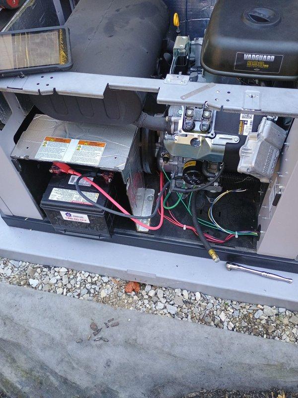 Completed scheduled maintenance on residential standby generator unit. Performed comprehensive system inspection including visual examination of engine components, fuel system, battery connections, and electrical wiring. Replaced spark plugs as part of routine maintenance protocol. Verified proper operation of control panel, circuit components, and safety systems. Inspected fuel tank level and cap seal integrity. Checked battery condition and cable connections for corrosion or looseness. Examined all wiring harnesses for proper routing and secure terminations. Confirmed generator enclosure hardware and mounting stability on concrete pad. Unit tested successfully and returned to standby mode ready for automatic operation during power outages.