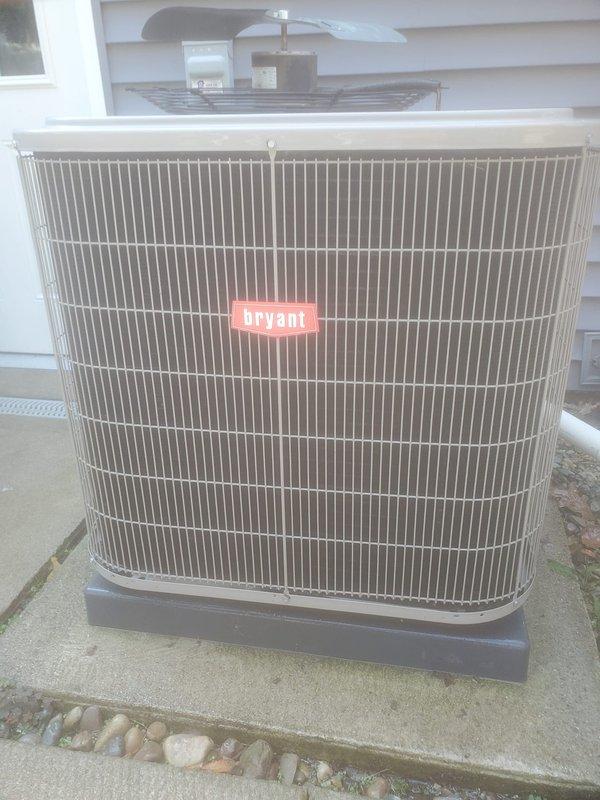 Completed scheduled preventive maintenance on Bryant residential cooling system. Performed comprehensive inspection of outdoor condenser unit and internal components, verified proper operation of compressor, checked refrigerant line connections and insulation integrity, confirmed unit is mounted securely on pad with adequate drainage, and documented system condition with no deficiencies noted.