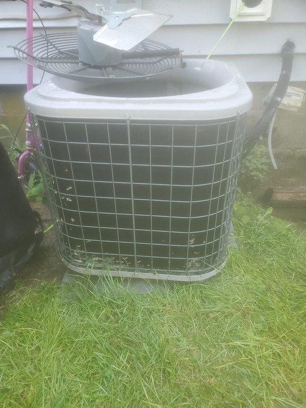 Completed routine AC maintenance on residential outdoor condensing unit. Performed standard tune-up procedures including inspection of compressor, refrigerant lines, and electrical connections. All components found operating within normal parameters with proper condensation present on evaporator assembly, indicating system is cooling effectively.