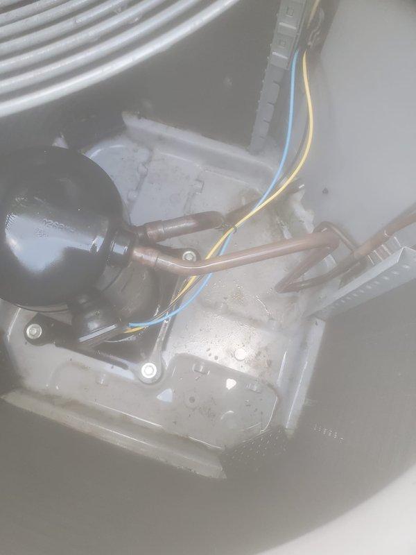 Completed routine AC maintenance on residential outdoor condensing unit. Performed standard tune-up procedures including inspection of compressor, refrigerant lines, and electrical connections. All components found operating within normal parameters with proper condensation present on evaporator assembly, indicating system is cooling effectively.