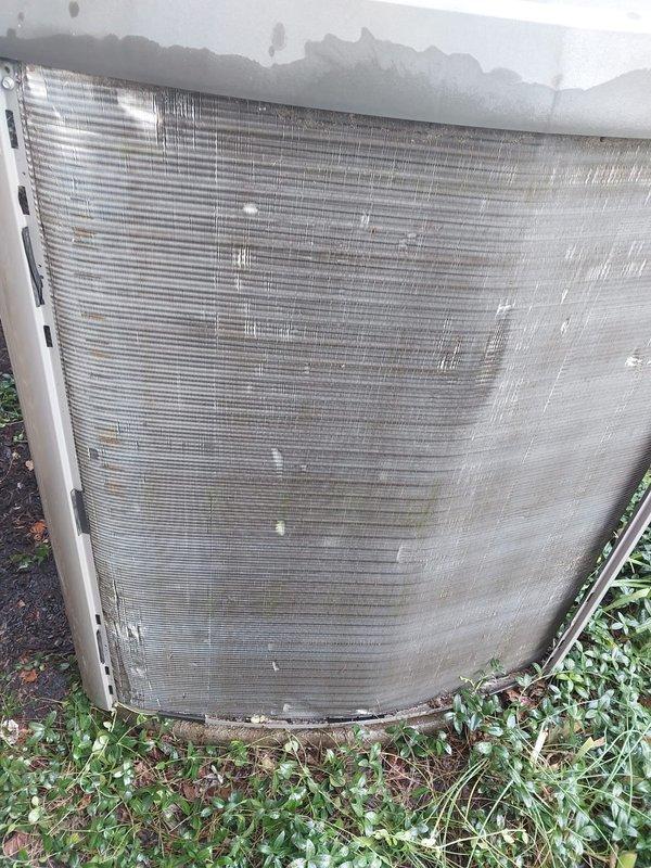 Completed scheduled A/C maintenance on outdoor condensing unit. Performed comprehensive system inspection including visual assessment of compressor assembly, refrigerant lines, electrical connections, and condenser coil condition. Unit showed typical operational wear with accumulated dirt and debris on condenser fins and base pan. All copper refrigerant lines, electrical wiring, and compressor components were inspected and found to be functioning properly with no refrigerant leaks detected.