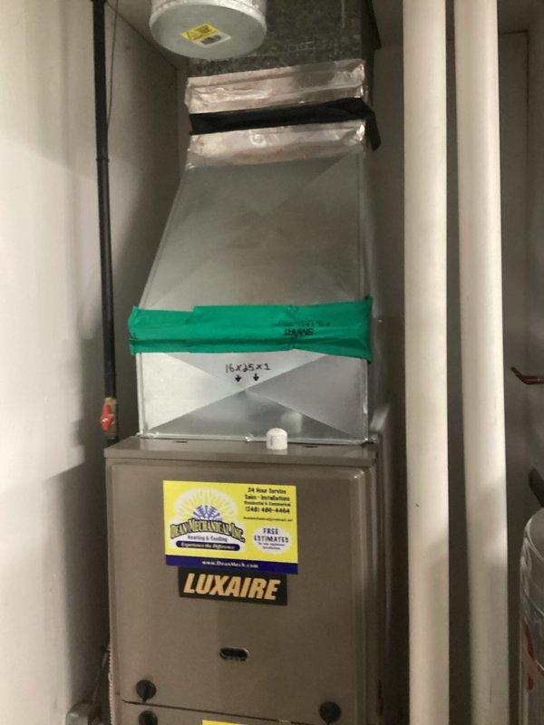 Performed comprehensive estimate for complete HVAC system replacement on 1998 Luxaire furnace unit with confirmed refrigerant leak from previous service attempt. Assessed existing equipment condition, documented installation location constraints in narrow indoor space with adjacent plumbing infrastructure, and provided replacement options for aging system that lost refrigerant charge within one month of prior company's service.