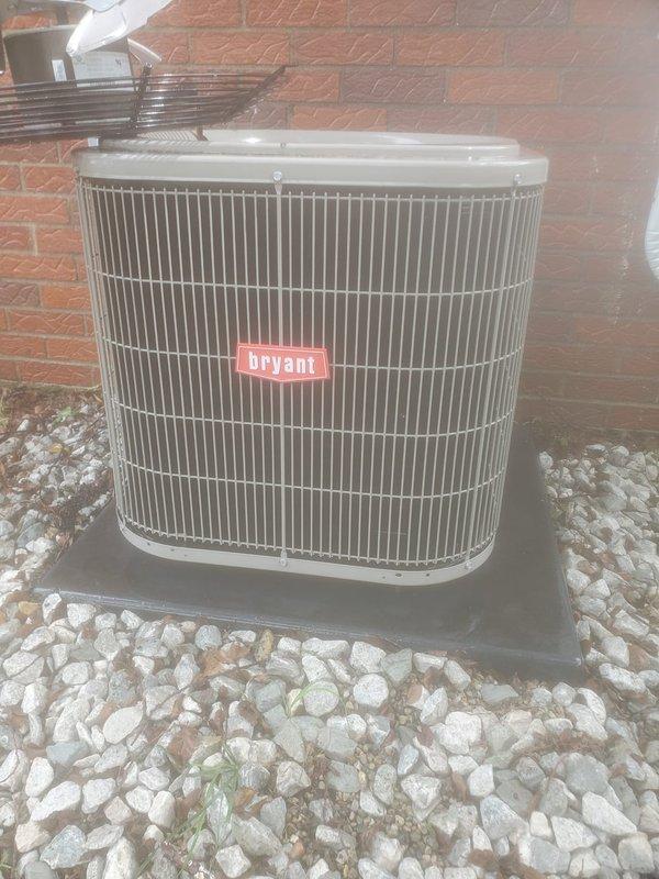 Completed annual maintenance on Bryant outdoor condensing unit. Inspected all mechanical components, verified proper operation of the system, and confirmed unit is functioning within normal parameters. Equipment is in good working condition with no immediate repairs needed.