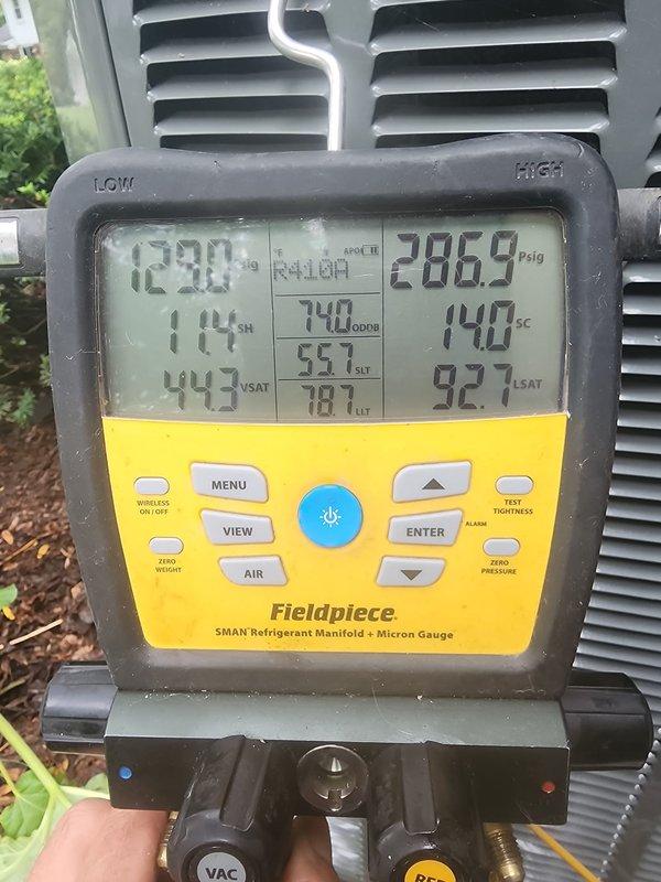Performed scheduled air conditioning maintenance on residential unit. Conducted refrigerant system diagnostics using digital manifold gauge, recording superheat and subcooling values to verify proper system charge and operation. Inspected condenser coil for cleanliness and airflow obstruction. All measured parameters within acceptable operating range, system operating efficiently with no deficiencies noted.