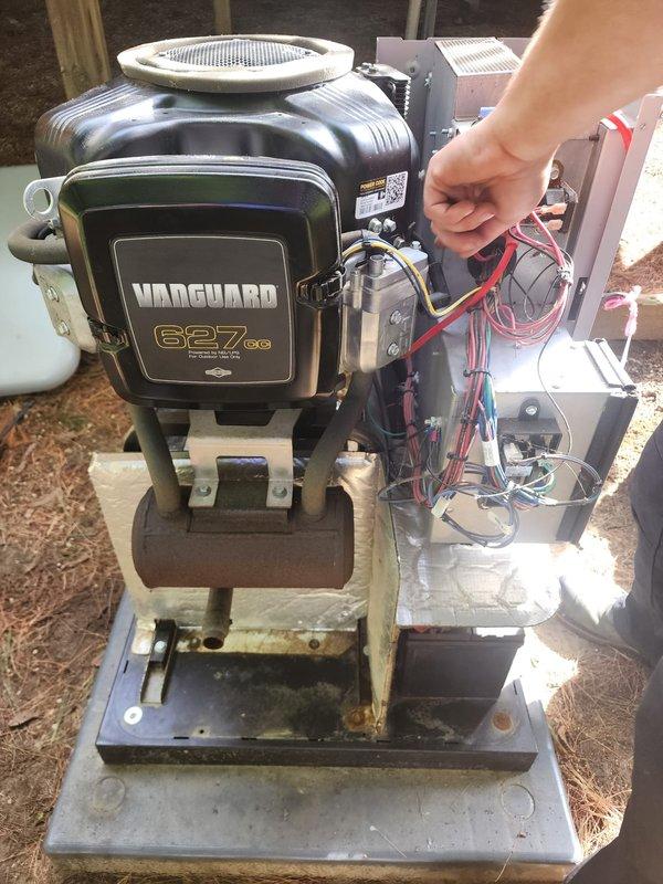 # Generator Maintenance Completed

Performed scheduled preventive maintenance on Vanguard 627cc portable generator system. Inspected and replaced dual start capacitors showing signs of corrosion and terminal degradation. Verified electrical connections and wiring integrity throughout control box assembly. Cleaned condenser fan grille and surrounding components. Tested generator output and operational parameters. System restored to proper working condition with all components functioning within manufacturer specifications.