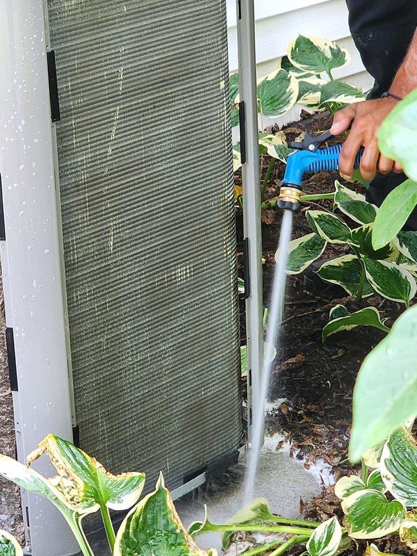 Completed comprehensive cooling system maintenance on residential AC unit. Performed condenser coil cleaning using pressurized water to remove accumulated dirt and debris from exterior fins, ensuring optimal heat transfer efficiency. Inspected internal components including refrigerant lines, electrical connections, and heat exchanger coils, verifying all systems operating within normal parameters.