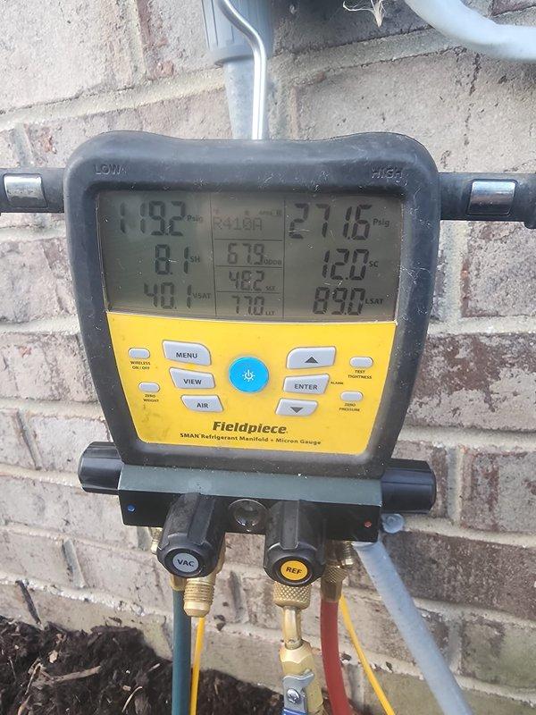 Completed comprehensive maintenance service on multiple HVAC systems as requested. Performed routine tune-up procedures on 11-year-old furnace located in basement, including inspection of all components, burner assembly cleaning, and safety control verification. Conducted preventive maintenance on outdoor air conditioning units, including refrigerant pressure testing using digital manifold gauges with readings confirming proper system charge levels. Performed condenser coil cleaning with foaming coil cleaner to remove accumulated debris and improve heat transfer efficiency. Inspected electrical connections, tested capacitors, and verified proper operation of all systems. All units tested and left in proper working condition with no issues found.