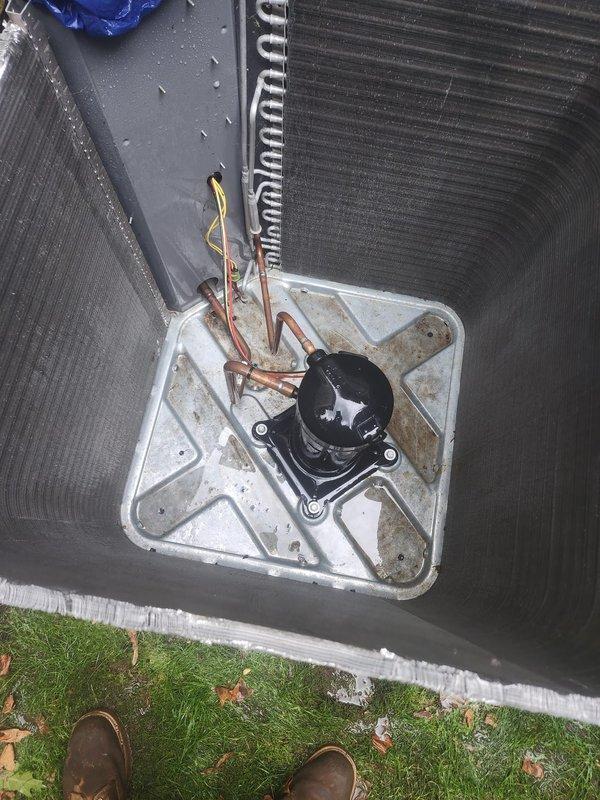 Completed routine AC maintenance on residential split system unit. Performed comprehensive inspection of outdoor condenser unit, including examination of heat exchanger coils, compressor, refrigerant lines, and electrical connections. All components found in good working condition with normal weathering consistent with outdoor installation. System operating within manufacturer specifications.