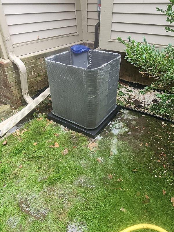 Completed routine AC maintenance on residential split system unit. Performed comprehensive inspection of outdoor condenser unit, including examination of heat exchanger coils, compressor, refrigerant lines, and electrical connections. All components found in good working condition with normal weathering consistent with outdoor installation. System operating within manufacturer specifications.
