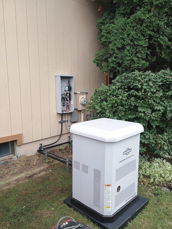 Successfully installed a Briggs & Stratton 13kW standby generator with a 100-amp automatic transfer switch at the residential property, ensuring compliance with code requirements by positioning the unit at least 5 feet from all windows and doors. The installation included mounting the generator on a concrete pad, running electrical conduit from the main service panel to the transfer switch and generator, establishing proper grounding, connecting the natural gas fuel line, and completing all necessary electrical connections. All components were tested and verified operational upon completion.