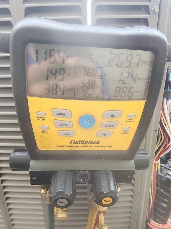 Performed comprehensive air conditioning maintenance on residential cooling system. Conducted system diagnostics using digital manifold gauges to verify refrigerant pressures, temperatures, and overall system performance within manufacturer specifications. Inspected outdoor condenser unit for proper operation, airflow clearance, and general condition, ensuring optimal heat exchange efficiency for continued reliable cooling performance.