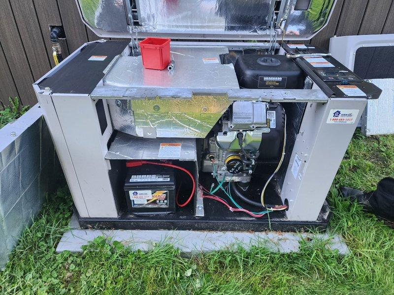 Performed scheduled maintenance on residential standby generator system. Conducted thorough inspection of internal components, including ignition system, fuel delivery assembly, and electrical connections. Removed and inspected gas valve assembly, verifying proper operation of all safety mechanisms and fuel flow controls. Replaced worn mounting bracket with brass grommets to ensure secure component installation. Checked all wiring harnesses for proper connections and signs of wear, with particular attention to power supply lines and ground connections. Verified proper ventilation clearances and confirmed all warning labels remained legible and properly affixed. Tested unit operation and confirmed all systems functioning within manufacturer specifications.