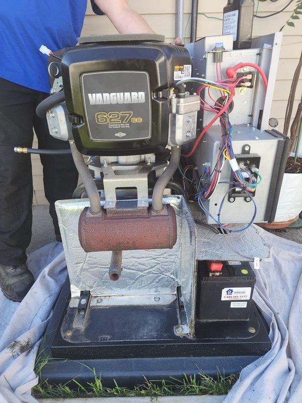 Performed scheduled preventive maintenance on residential Vanguard 627cc standby generator. Removed and inspected spark plugs, which showed normal wear patterns and carbon deposits consistent with regular operation. Verified all electrical connections, battery condition, and mounted components for proper operation. Unit tested successfully and returned to service with all systems functioning within normal parameters.