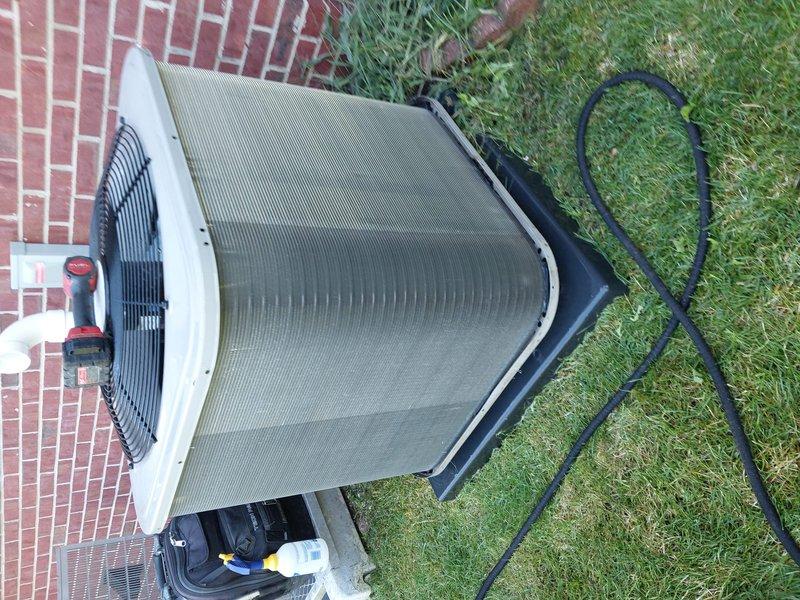 Completed routine AC maintenance on residential cooling system including inspection of outdoor condenser unit and associated components. Assessed customer's request regarding Ecobee thermostat compatibility with existing system and confirmed feasibility of upgrade. All equipment found operating within normal parameters with condenser fins, refrigerant lines, and electrical connections in serviceable condition.
