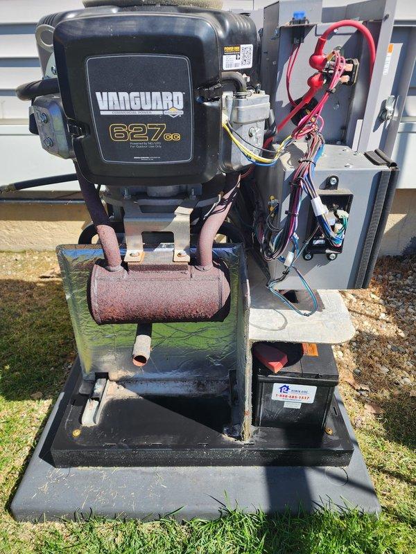 Completed scheduled Generator Maintenance 3-5 service on outdoor standby generator unit equipped with Vanguard 627cc engine. Performed comprehensive inspection of electrical components, removed and replaced failed capacitors from the control system, and verified all wire connections within the electrical panel. Addressed significant corrosion on exhaust muffler assembly and confirmed proper engine mounting and battery connections before restoring unit to operational status.