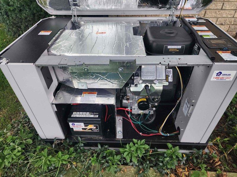 # Generator Maintenance Following Extended Storm Operation

Performed first scheduled maintenance on standby generator after extended 72-hour runtime during recent storm event. Conducted comprehensive post-operation inspection of all major components including engine, alternator, transfer switch, and battery systems. 

Removed and inspected access panels to evaluate internal components for wear or damage from prolonged operation. Checked battery condition and verified proper charging system operation, examining all electrical connections and wiring for signs of heat stress or loosening from extended vibration. Inspected capacitors and electrical components within the control panel for proper operation.

Verified all warning labels and specification tags remained legible and properly affixed. Examined cooling system components, air filtration, and exhaust systems for any debris or restrictions that may have developed during the extended run cycle. Assessed motor assembly and associated 