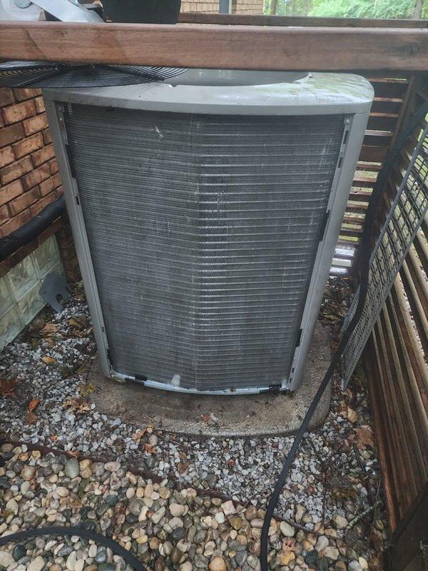Completed routine preventive maintenance on residential split system air conditioning unit. Inspected outdoor condenser unit, confirmed proper positioning and clearances, and examined evaporator coil assembly with refrigerant lines and condensate drain pan. All components operating within normal parameters with no immediate service needs identified.