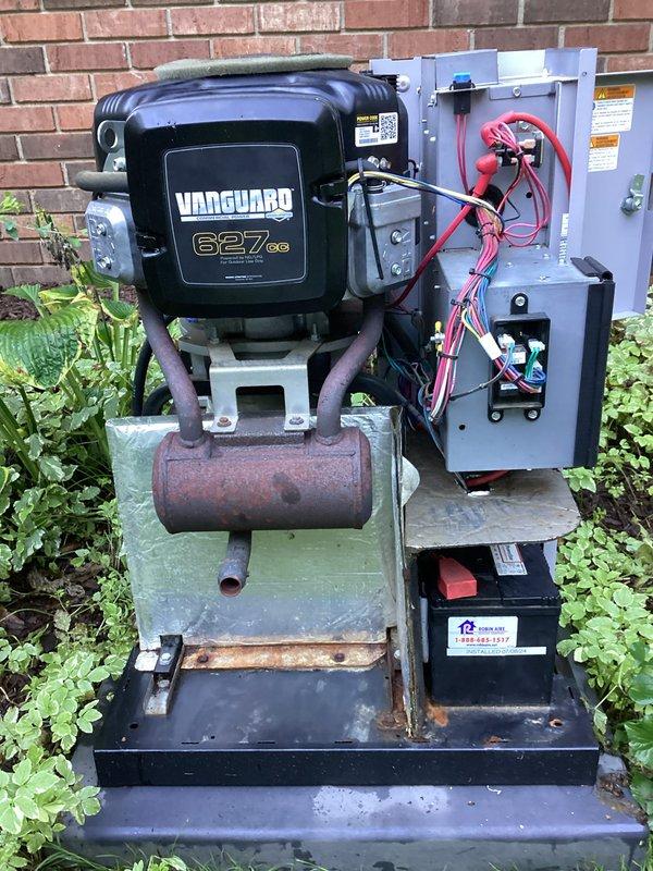 Completed routine maintenance on outdoor standby generator with Vanguard 627cc engine. Performed standard 8-10 amp service including inspection of engine components, electrical connections, and control panel wiring. Replaced worn bearings to ensure proper operation of cooling fan assembly and verified all electrical connections between engine and transfer switch panel were secure with no signs of overheating or corrosion.