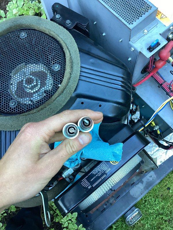 Completed routine maintenance on outdoor standby generator with Vanguard 627cc engine. Performed standard 8-10 amp service including inspection of engine components, electrical connections, and control panel wiring. Replaced worn bearings to ensure proper operation of cooling fan assembly and verified all electrical connections between engine and transfer switch panel were secure with no signs of overheating or corrosion.