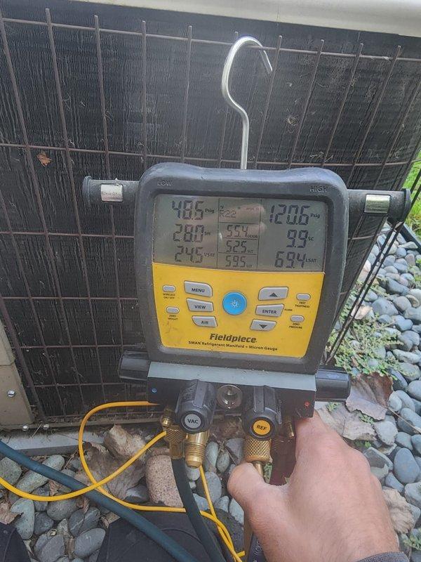 Completed comprehensive AC tune-up on Amana condensing unit under prepaid maintenance plan. Performed system diagnostics using digital gauges, recording operating temperatures and pressures to verify proper refrigerant charge and system performance. All components inspected and found operating within normal parameters with no issues identified.