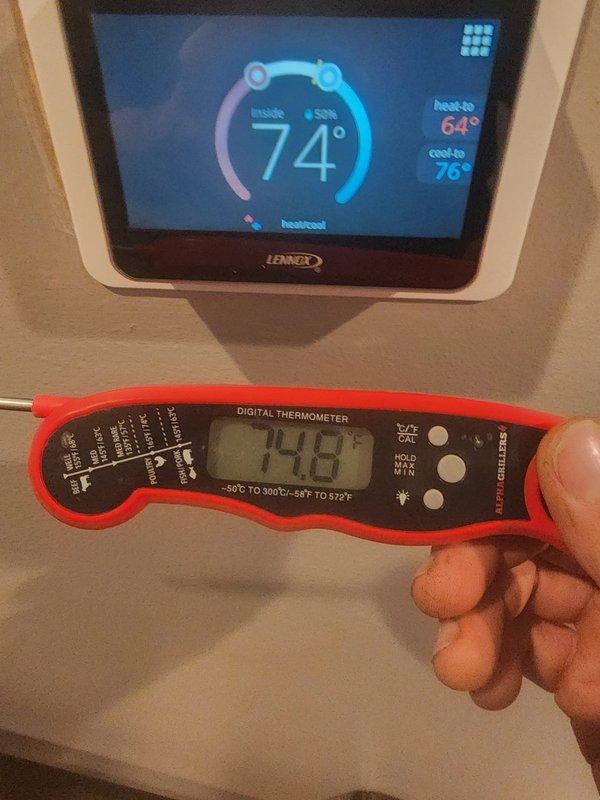 Responded to service call for thermostat displaying inaccurate temperature reading, reportedly 5 degrees off from actual room temperature. Upon arrival, performed diagnostic testing using calibrated digital thermometer to verify temperature variance between Lennox wall-mounted thermostat display and ambient air temperature. Confirmed thermostat was reading approximately 5 degrees higher than actual room temperature, requiring recalibration to ensure proper HVAC system operation and maintain accurate heating and cooling setpoints.