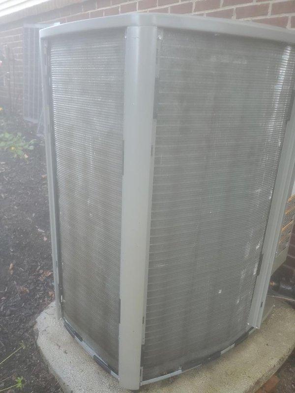 Completed routine AC maintenance service 1-3 on residential outdoor condenser unit. Performed standard preventive maintenance procedures including inspection of cabinet exterior, protective grilles, and fan assembly. Unit found in functional condition with normal weathering present on exterior surfaces.