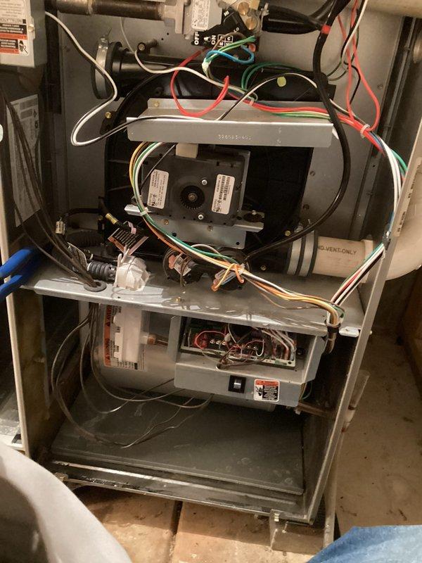 Performed furnace tune-up and identified critical CO safety issue. Testo 310 II analyzer detected carbon monoxide levels exceeding 4000ppm measurement threshold, indicating potential combustion problems. Inspected internal wiring and blower assembly; recommended immediate repairs to address dangerous CO emissions.