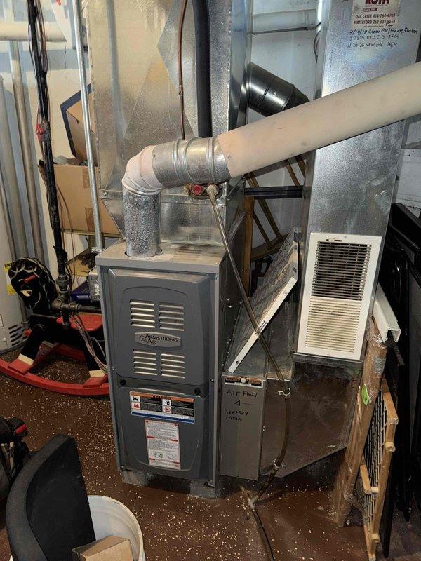 Diagnosed Armstrong Air furnace showing no heat condition. Inspection revealed gas valve stuck in closed position, preventing proper ignition. Removed and replaced defective gas valve to restore heat function. System tested and now operating normally.