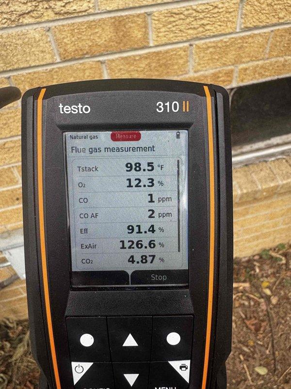 Performed sold repair service on furnace, replacing damaged burners and installing new blower motor capacitor. Combustion analysis with Testo 310 II confirmed proper operation with optimal efficiency (91.4%) and safe CO levels (1 ppm). System is now functioning correctly with all components operational.