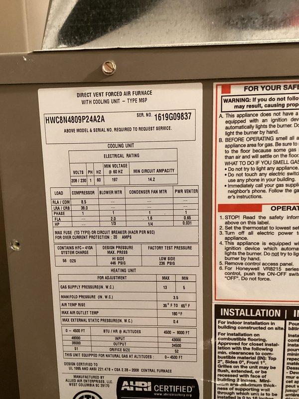 Performed annual preventative maintenance tune-up on Goodman direct vent forced air furnace (model HWCN4809P24A2A). Inspected heat exchanger and confirmed good condition with no signs of damage or corrosion. Addressed customer's filter questions and provided proper replacement guidance.