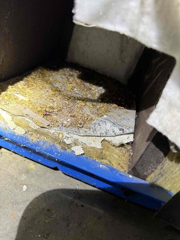 Performed routine maintenance tune-up on HVAC system. Identified significant deterioration of the interior insulation with visible tearing of the liner fabric and accumulation of mineral deposits/corrosion on internal surfaces. Documented evidence of moisture damage that requires attention during next service visit.