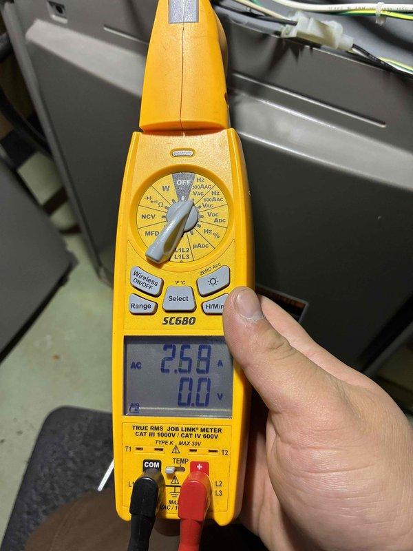 Performed routine tune-up maintenance on HVAC system including inspection and testing of the Space-Gard Model 2200 high efficiency air cleaner to ensure optimal functionality. Conducted electrical diagnostics using Fieldpiece SC680 clamp meter, verifying system amperage draw at 2.68 amps, which falls within manufacturer specifications for normal operation.