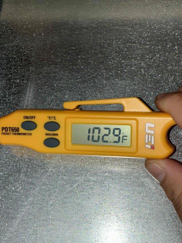 Performed routine HVAC tune-up service which included inspection and evaluation of the system. Replaced heavily soiled air filter that showed significant dust accumulation. Temperature readings with digital thermometer confirmed system is operating within normal temperature range at 102.9°F.