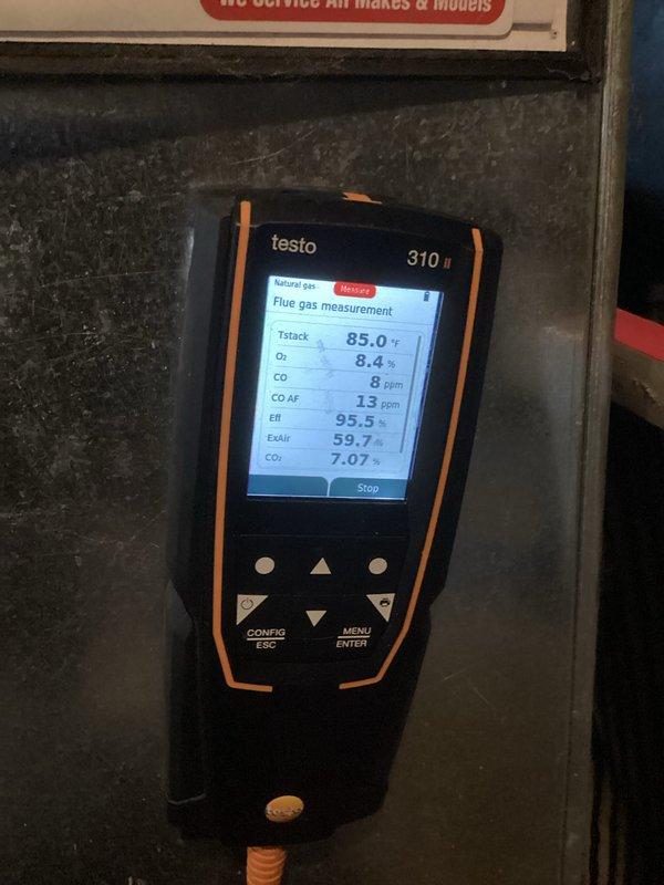 Performed seasonal tune-up on HVAC system. Replaced severely clogged air filter which was restricting airflow. Conducted flue gas analysis with Testo 310 II analyzer, confirming 95.5% efficiency with acceptable CO levels (8 ppm). System is now operating within normal parameters.