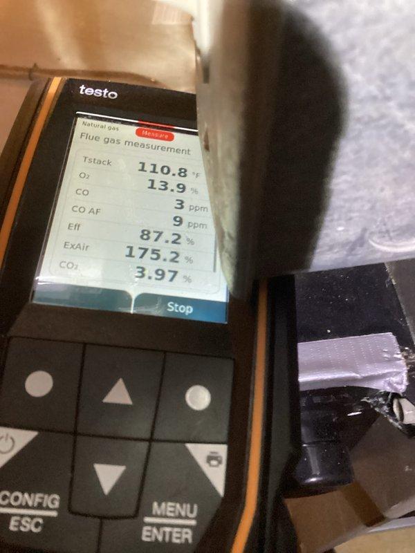 Performed comprehensive tune-up on furnace system, including internal component inspection and combustion analysis. Verified proper wiring connections throughout the unit. Conducted flue gas testing with Testo analyzer, confirming efficient operation with excellent combustion readings (87.2% efficiency, CO at safe levels of 3 ppm, and proper air/fuel mixture with 3.97% CO₂).