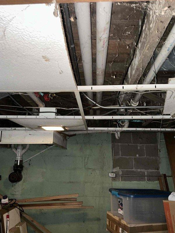 Conducted comprehensive assessment of existing HVAC system in residential basement requiring replacement. Inspection revealed aging furnace unit with associated PVC intake/exhaust venting and electrical connections. Evaluated ceiling infrastructure access points for potential ductwork modifications to improve system efficiency.
